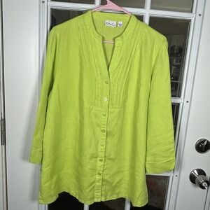 Kim Rogers Womens Lime Green 100% Linen Pintuck Button Down Tunic Top Size L